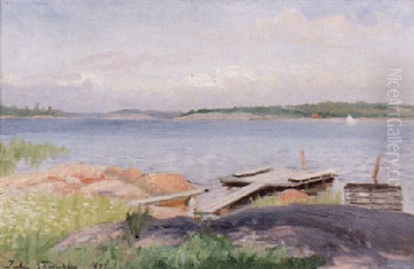 Sommarlandskap Med Brygga Och Segelbat Oil Painting by Julia Charlotte Mortana Stroemberg