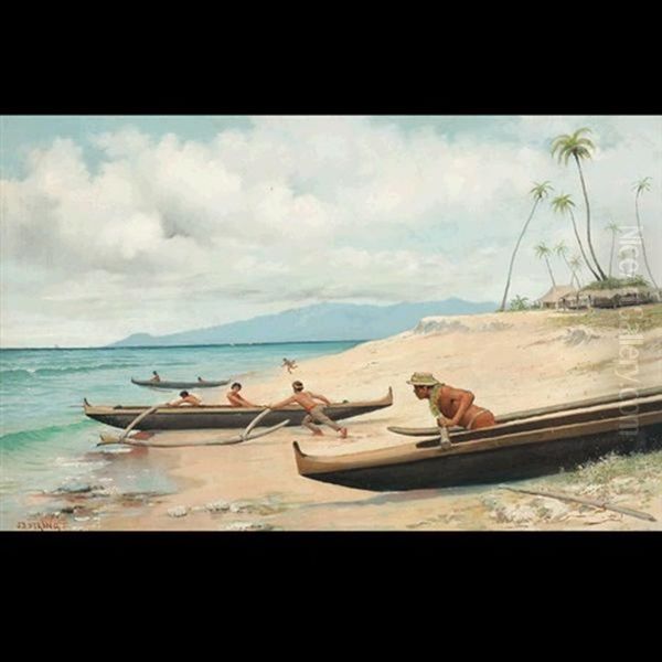 Diamond Head, Hawaii - Launching The Outriggers Oil Painting by Joseph (Joe) D. Strong