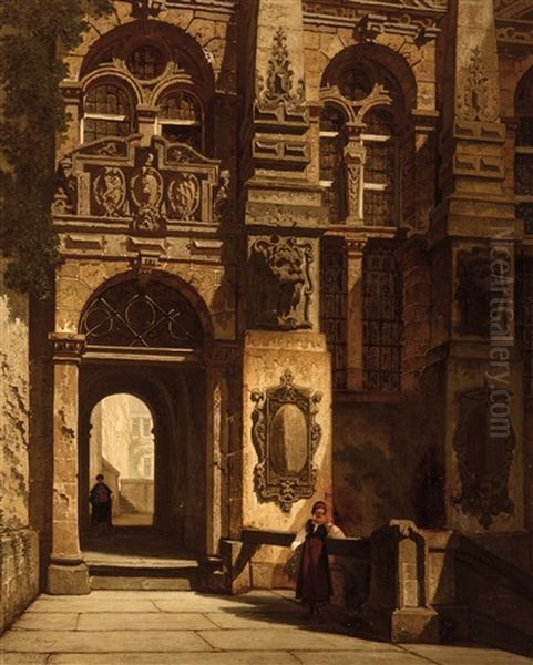 Inner Courtyard Of A Southern Palazzo (1863) Oil Painting by Francois Stroobant