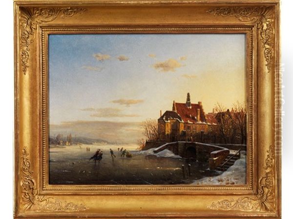 Niederlandische Polderlandschaft Mit Sonnenbeschienenen Gebauden Und Eisvergnugen Auf Der Weiten Flache Oil Painting by Francois Stroobant