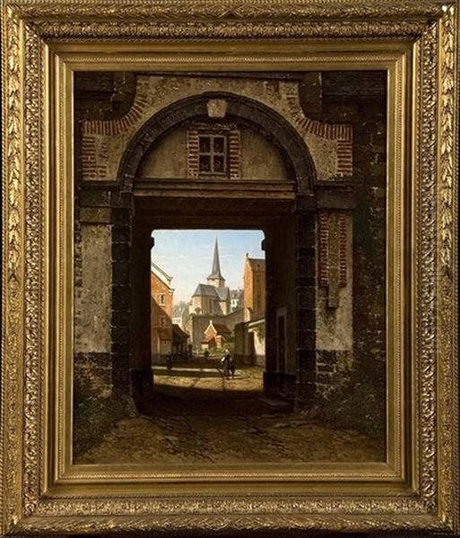 Entree De Bruges Animee Donnant Sue L'eglise Saint-gilles Oil Painting by Francois Stroobant