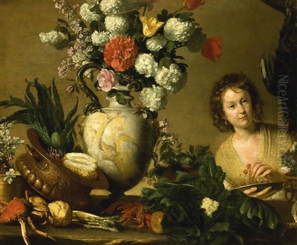 A Still Life Of Flowers, Fruit, Vegetables And Seafood On A Ledge, With A Figure Holding A Plate Of Cherries And A Cockerel Hanging In The Background Oil Painting by Bernardo Strozzi