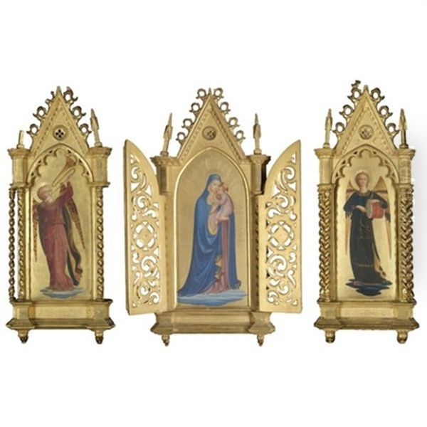 Central Panel: The Madonna And Child; Left Wing: An Angel Playing A Trumpet; Right Wing: An Angel Playing A Drum (triptych; In Collab. W/giovanni Da Fiesole) Oil Painting by Zanobi Di Benedetto Strozzi