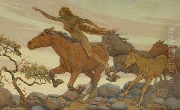 Wild Mustangs Oil Painting by Herman G. Struck