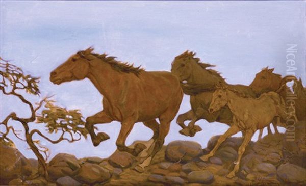 Wild Mustangs Oil Painting by Herman G. Struck