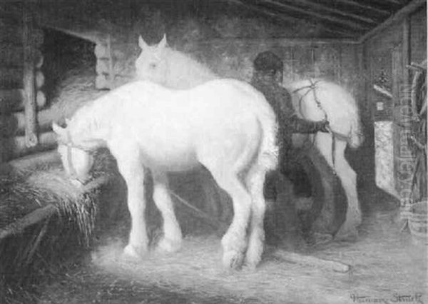 Horses Feeding Oil Painting by Herman G. Struck