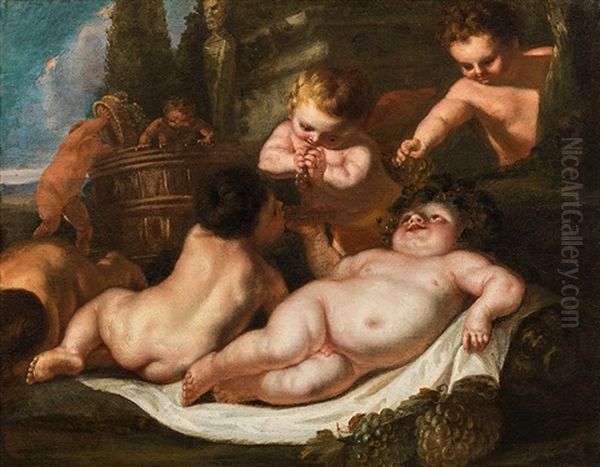 Bacchanalia With Putti Oil Painting by Peter Strudel