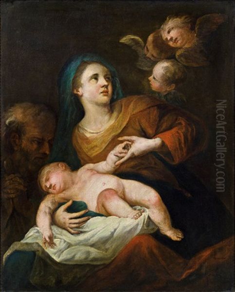 Heilige Familie (maria Mit Schlafendem Jesuskind Und Engeln) Oil Painting by Peter Strudel