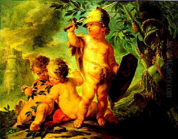 Ein Putto Als Mars Und Zwei Putten, Lorbeerkranze Flechtend Oil Painting by Peter Strudel