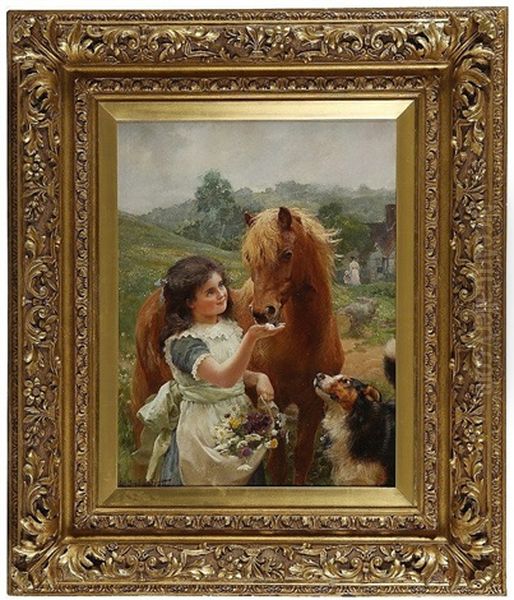 Sweet Tooth, Young Girl With Sheep Dog Feeding Sugar To A Pony Oil Painting by Alfred William Strutt