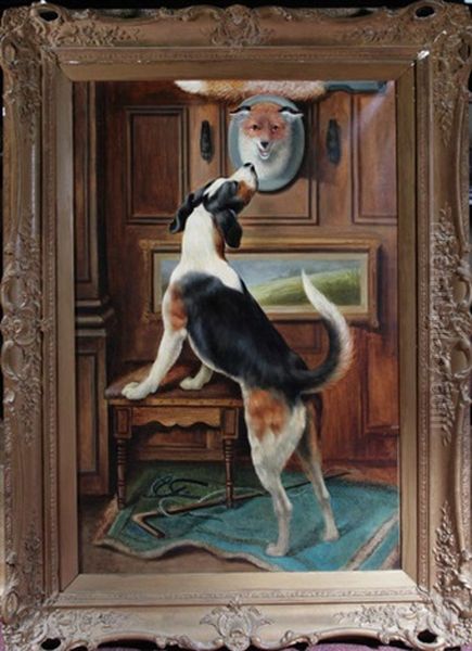 Haven't We Met Before?- A Hound Inspecting A Wall-mounted Fox-mask Oil Painting by Alfred William Strutt