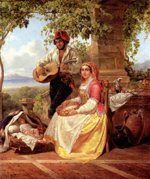 Musizierende, Neapolitianische Familie Auf Einer Von Weinreben Umrankten Terrasse Oil Painting by Arthur John Strutt