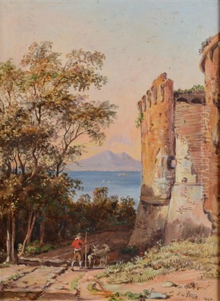 A View To Vesuvius Past A Goat Herd And A Ruined Castle Oil Painting by Jacob George Strutt