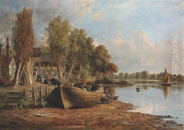 On The Banks Of The Thames, Near Kew Oil Painting by Jacob George Strutt