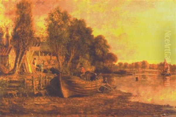 Banks Of The Thames Near Kew Oil Painting by Jacob George Strutt