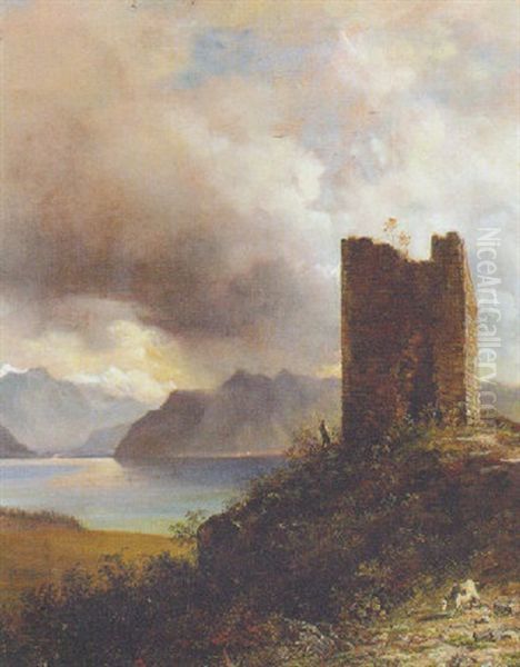 A Goatherder By A Ruined Tower In A Mountainous Lake Landscape Oil Painting by Jacob George Strutt