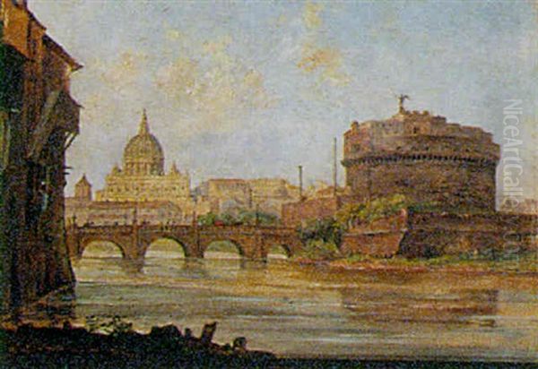 St. Peter's And The Castel St Angelo From The Tiber, Rome Oil Painting by Jacob George Strutt