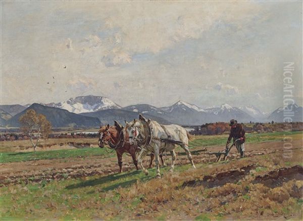 Ploughing Farmer Oil Painting by Otto Struetzel