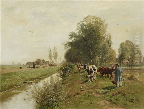 Brook Landscape With Shepherds Oil Painting by Otto Struetzel