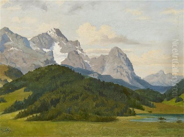 A View Of The Zugspitze And The Waxensteine Oil Painting by Otto Struetzel