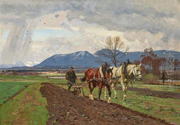 A Ploughing Farmer (view Of Brauneck And Karwendelspitze) Oil Painting by Otto Struetzel