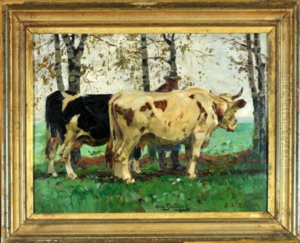 Bauer Mit Zwei Kuhen Oil Painting by Otto Struetzel