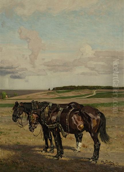 Zwei Ackerpferde Im Dachauer Land Oil Painting by Otto Struetzel