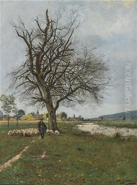 Schafer Mit Herde In Vorfruhlingslandschaft Oil Painting by Otto Struetzel