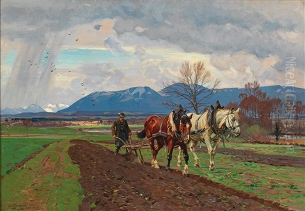 Farmer Ploughing Oil Painting by Otto Struetzel