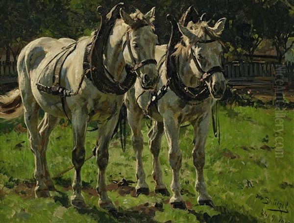 Zwei Schimmel Nach Rechts Oil Painting by Otto Struetzel