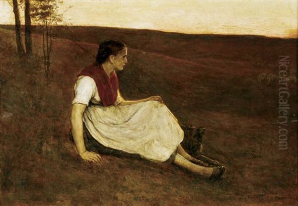 Shepherdess With Dog At Dusk Oil Painting by Alexander Theodore Honore Struys