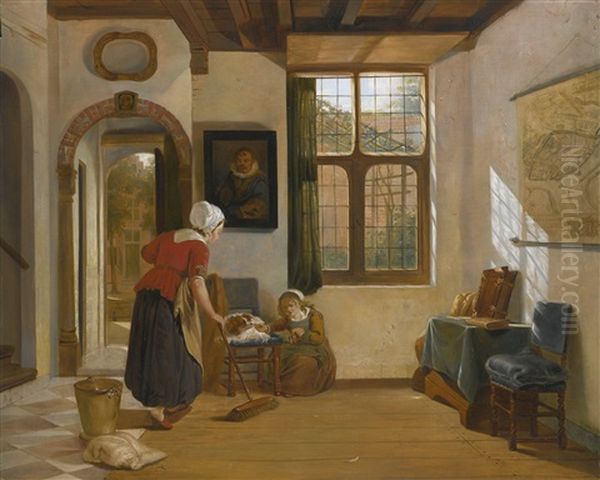 Interior With A Maid, A Girl With A Dog, And A Map Of Dordrecht Oil Painting by Abraham van Stry the Elder