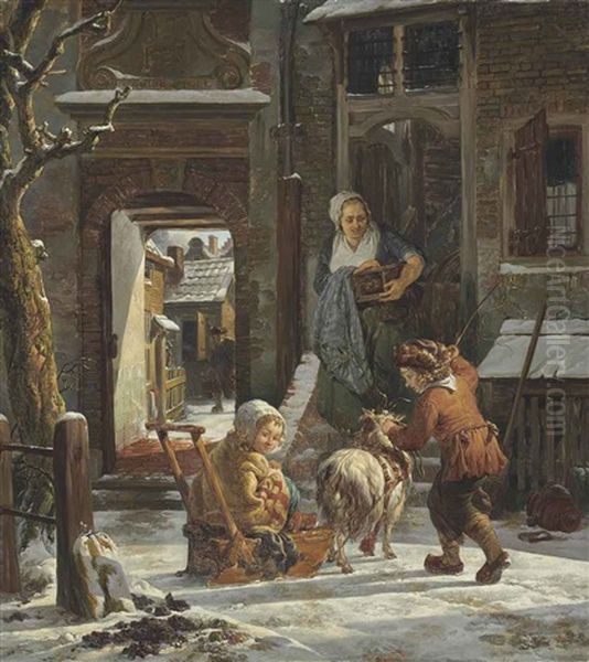 A Snowy Outdoor Courtyard With Children Playing On A Goat-drawn Sleigh Oil Painting by Abraham van Stry the Elder