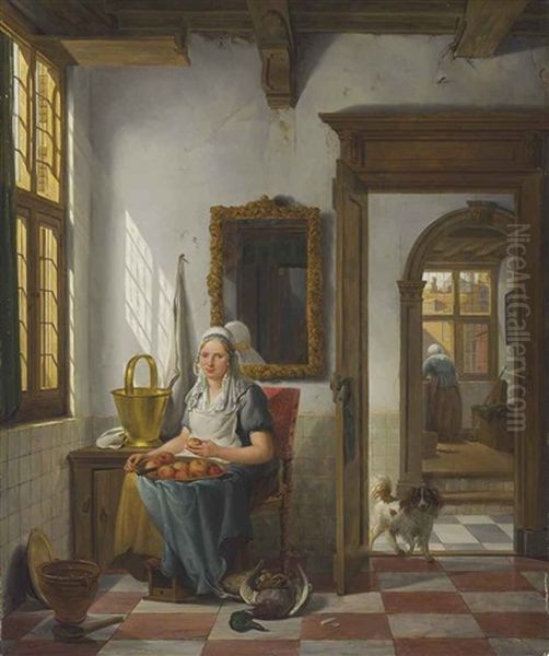 An Interior With A Woman Peeling Apples Oil Painting by Abraham van Stry the Elder