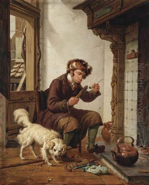 A Man Smoking A Pipe Near The Fireplace, A Dog At His Feet Oil Painting by Abraham van Stry the Elder