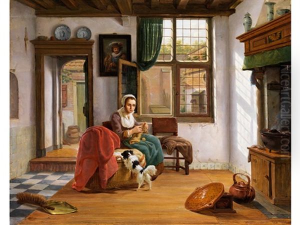 Hollandisches Interieur Mit Strickender Junger Frau Und Hund Oil Painting by Abraham van Stry the Elder