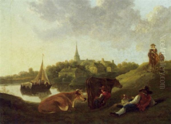 Cattle And Peasants In Field Outside Dordrecht Oil Painting by Abraham van Stry the Younger