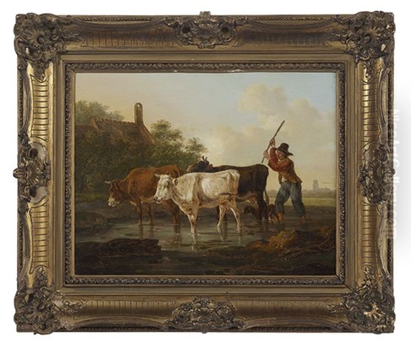 Herding Cattle Across The Water Oil Painting by Jacob Van Stry