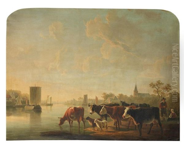 Drovers With Cattle By A River Oil Painting by Jacob Van Stry