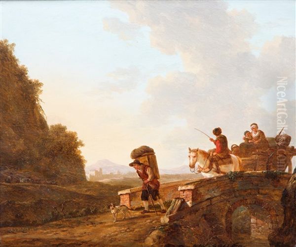 A Landscape With A Pedlar And Travellers On A Bridge Oil Painting by Jacob Van Stry