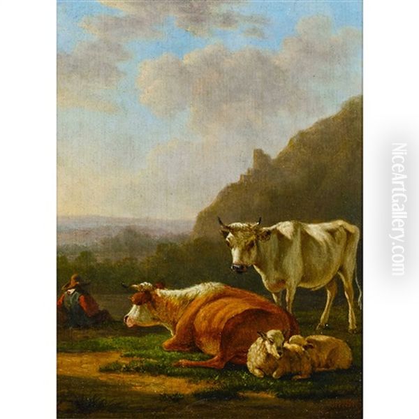 Hirte Mit Kuhen Und Schafen Oil Painting by Jacob Van Stry