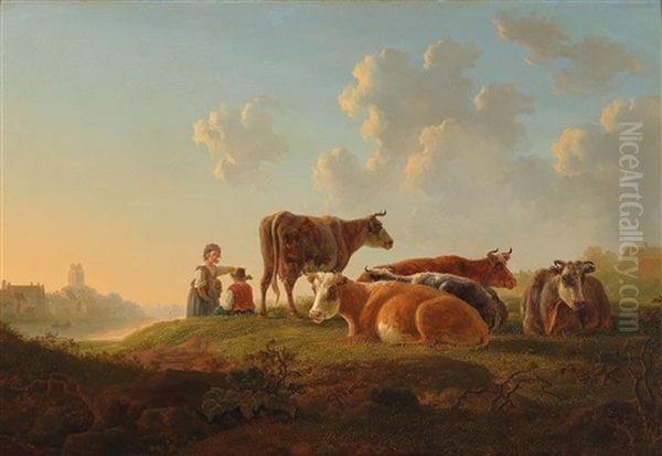 Two Herders With Resting Cattle By A River Near Dordrecht Oil Painting by Jacob Van Stry