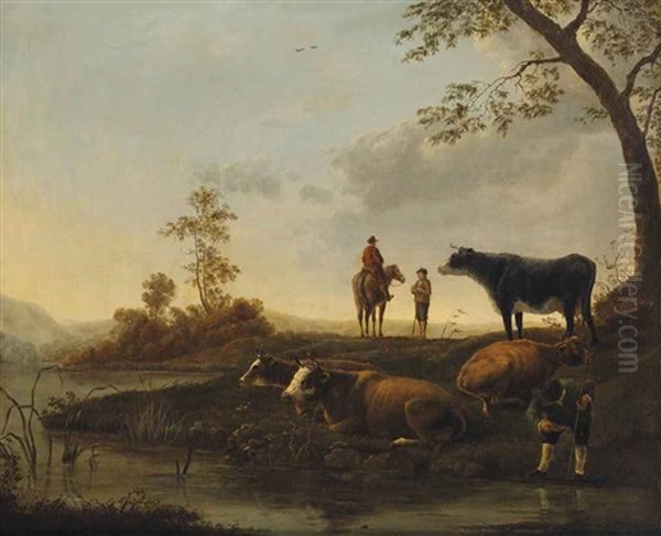 Herdsmen And Their Cattle On A River Bank Oil Painting by Jacob Van Stry