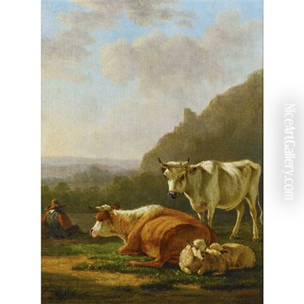 Hirte Mit Kuhen Und Schafen Oil Painting by Jacob Van Stry