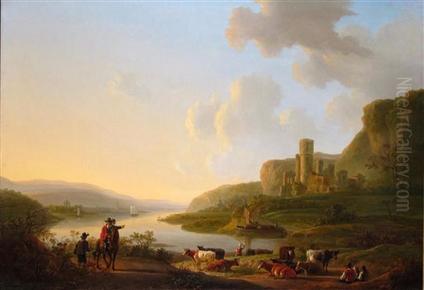 Travellers, Herdsmen And Cattle In An Extensive River Landscape With A Castle And Distant Town Oil Painting by Jacob Van Stry