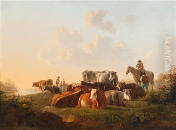 Shepherds With Resting Cattle In River Landscape Oil Painting by Jacob Van Stry