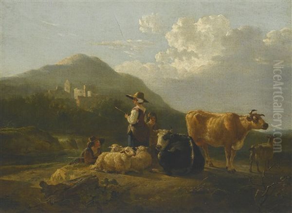 A Pastoral Landscape, With Two Shepherds With Their Sheep And Cattle By A River, A Ruined Castle And Mountains Beyond Oil Painting by Jacob Van Stry