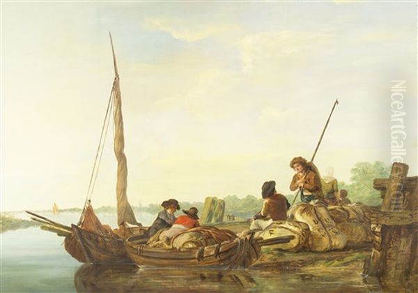 Figures In Boat Unloading Tobacco Oil Painting by Jacob Van Stry