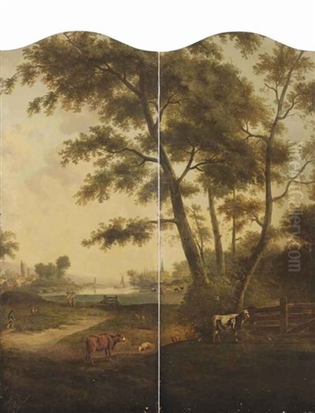 A Wooded River Landscape With Farmers And Cattle In A Meadow And Villages On The River Banks Beyond; A Companion Painting (pair) Oil Painting by Jacob Van Stry