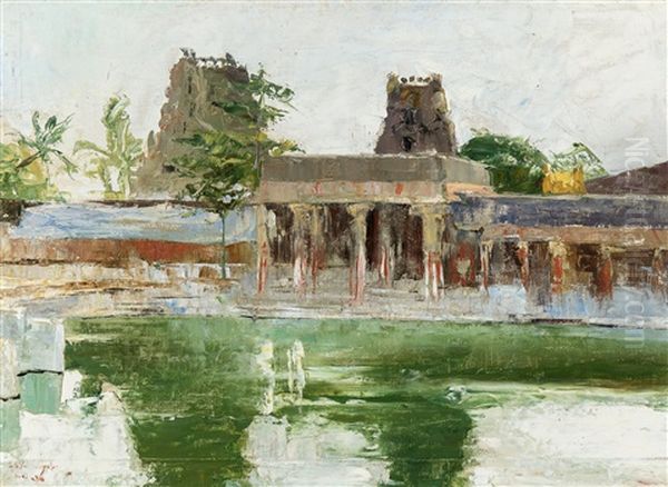 Sacred River At The Great Pagoda, Madura (india) (1894) Oil Painting by Guillaume Van Strydonck